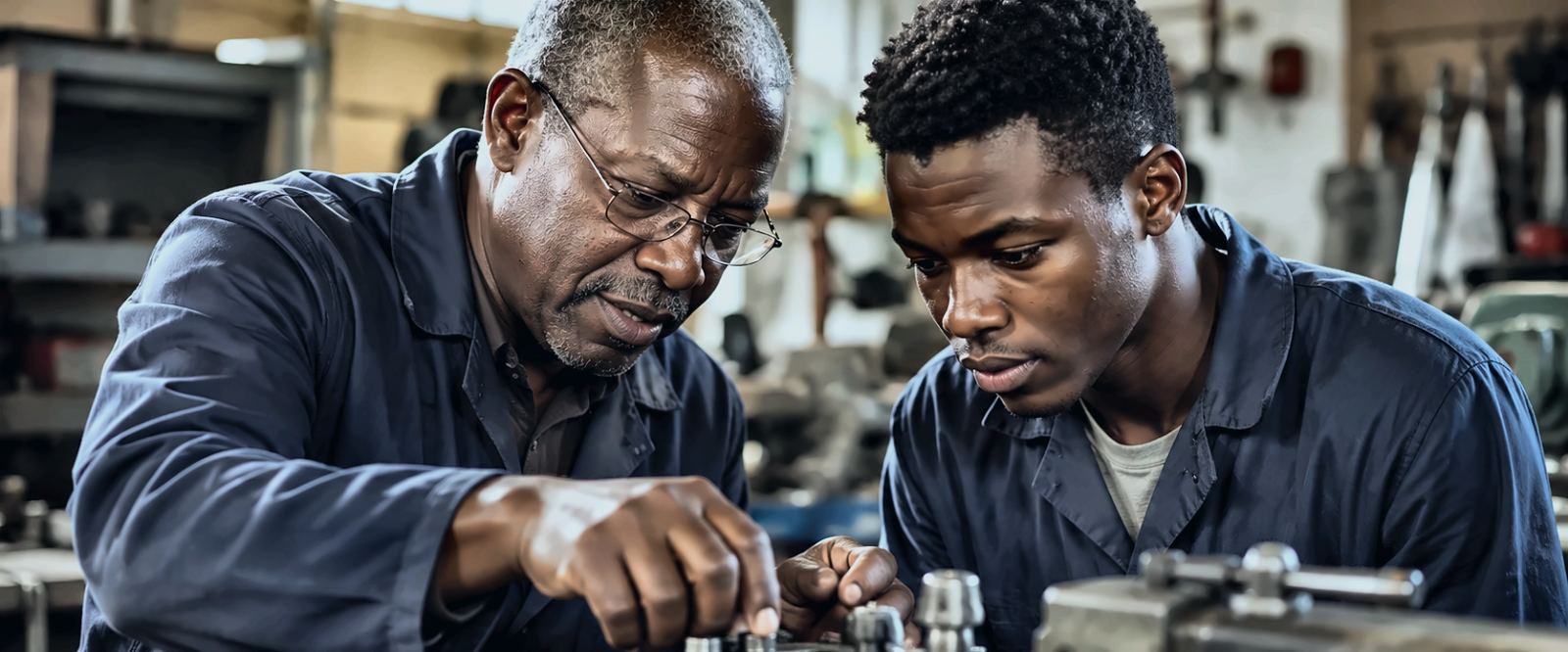 An experienced technician showing a trainee a machining setup